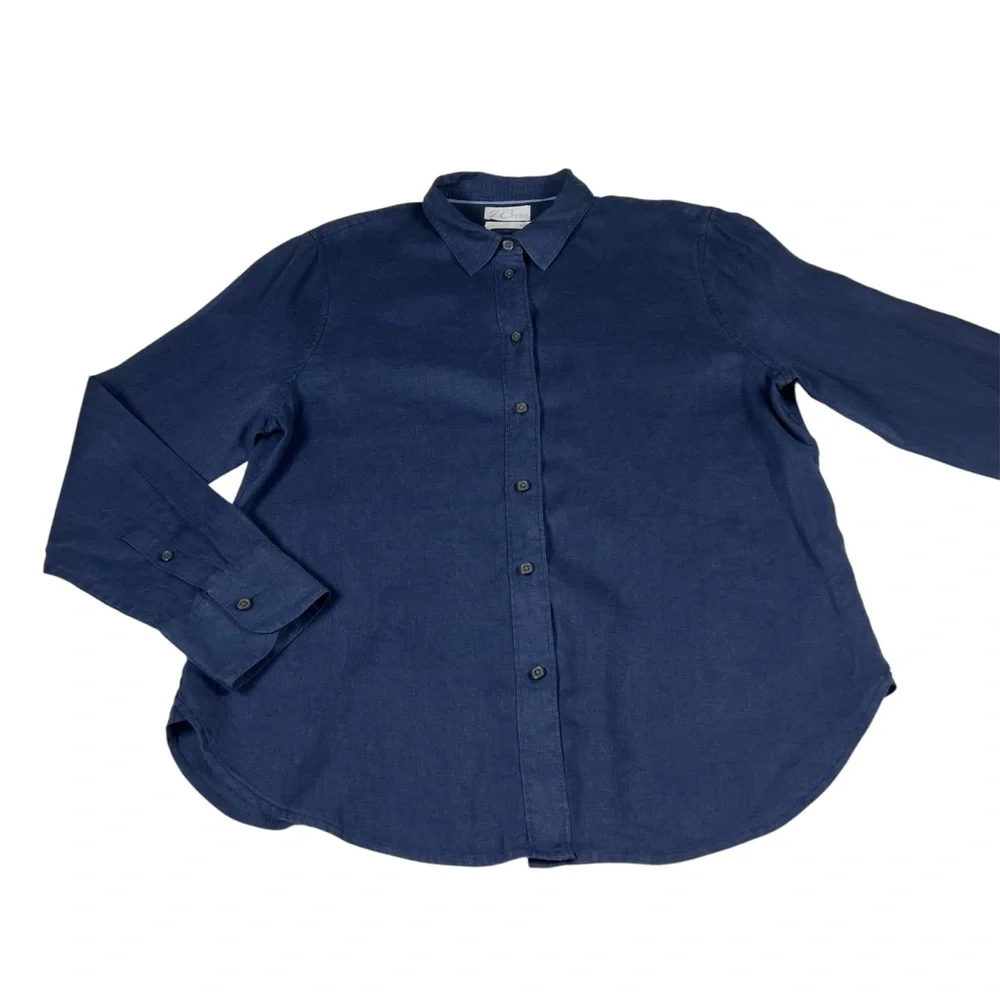 J. Crew Baird McNutt Irish Linen Navy Blue Button Down Blouse Size 14 Slim EUC - Picture 2 of 9
